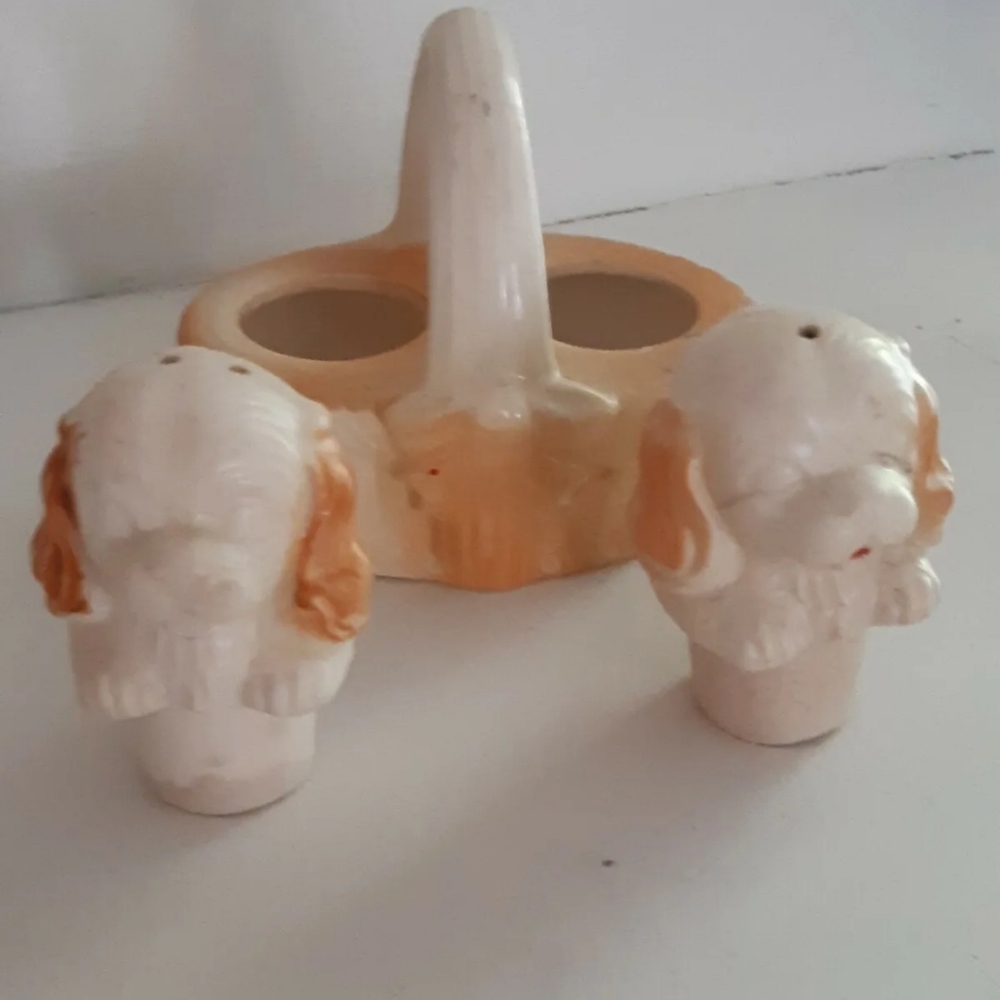 Vintage St. Bernard Salt & Pepper Shakers Giftcraft Japan come in a basket